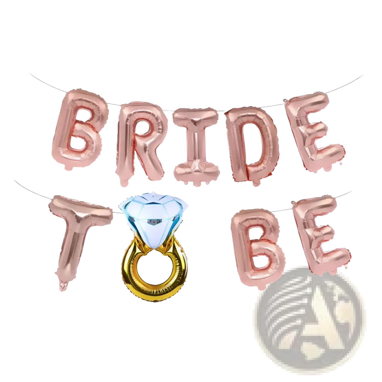 Rose gold and blue diamond ring foil balloon banner set designed for bride to be celebrations and bridal showers