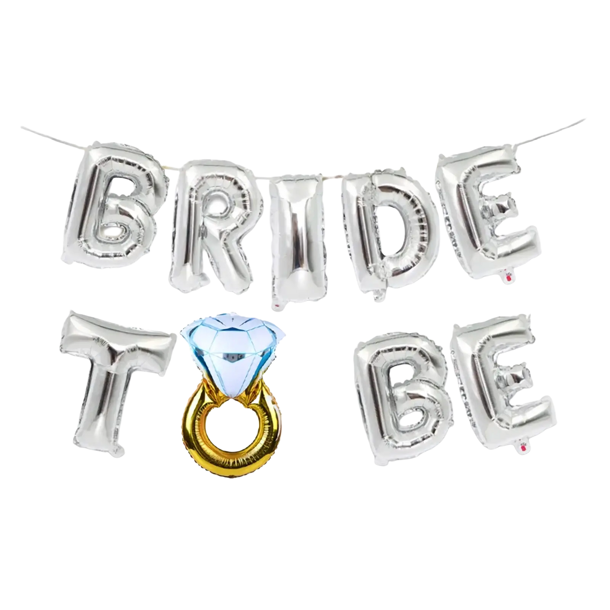 Silver and gold foil balloon banner set spelling bride to be with a blue diamond ring design for bridal celebrations