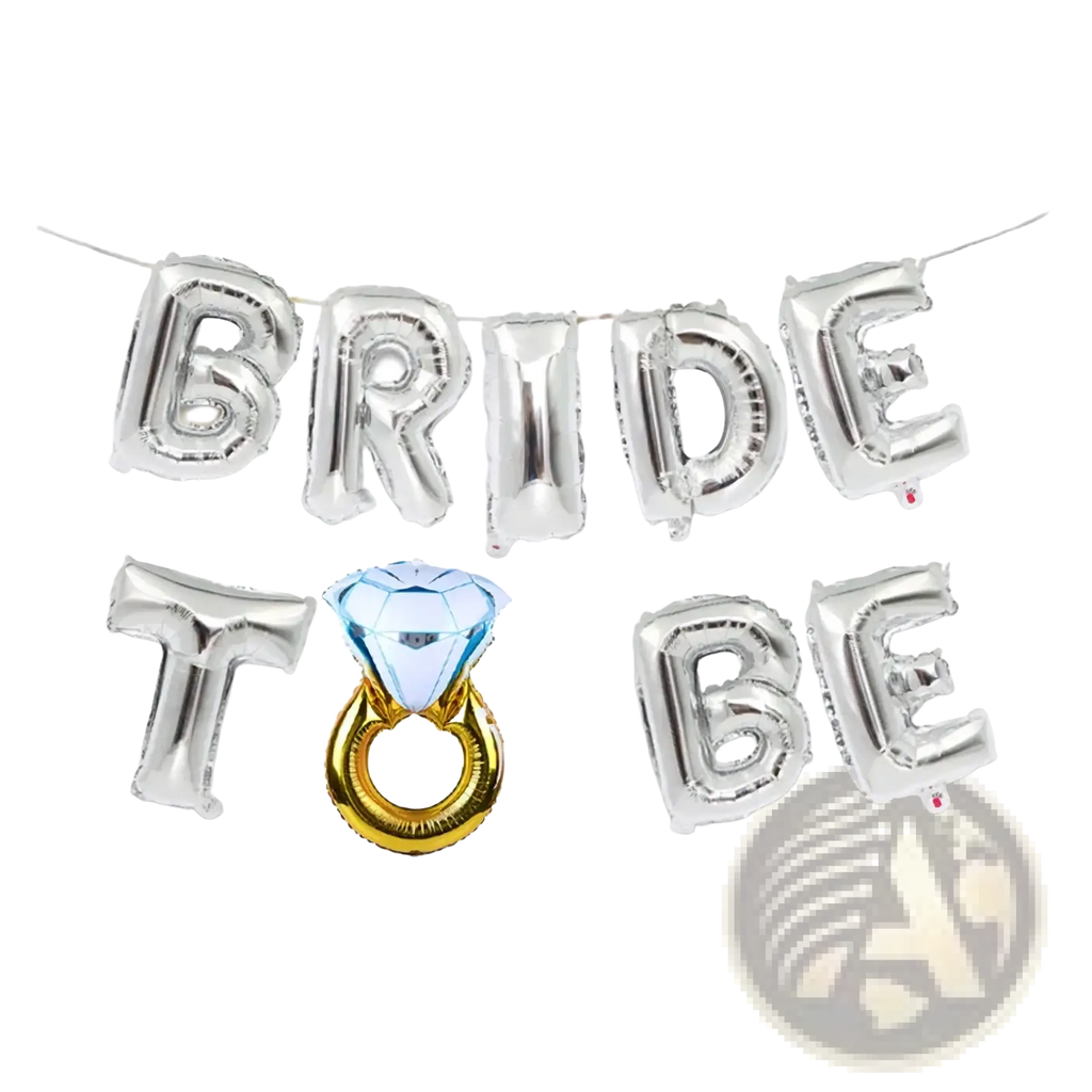 Silver and gold foil balloon banner set with blue diamond ring design spelling bride to be for bridal decor