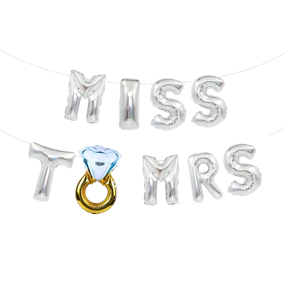 Silver metallic foil balloon banner set with miss to mrs letters and blue diamond ring balloon for bride to be decoration