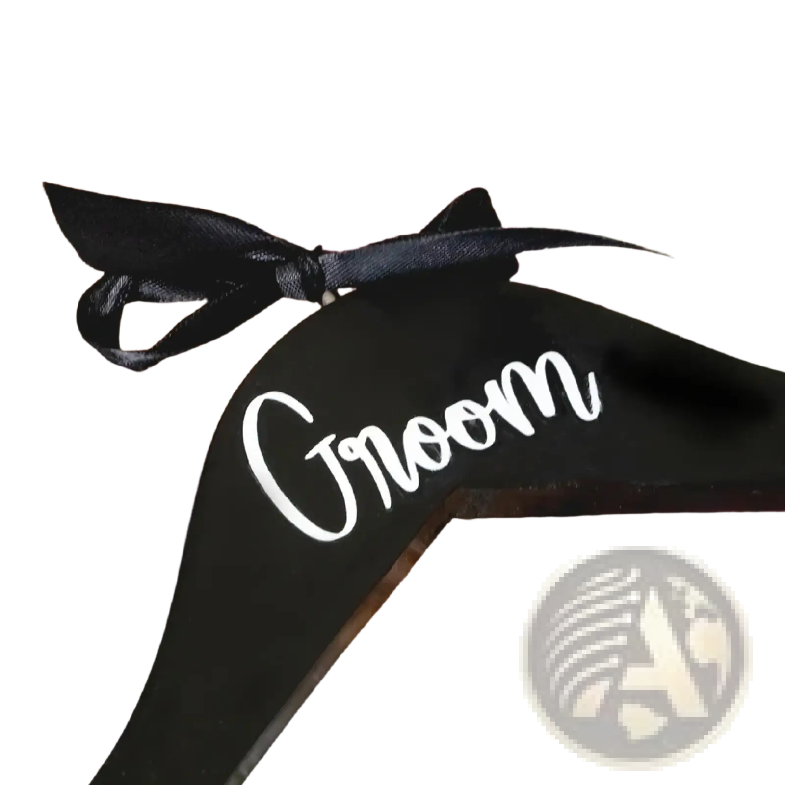 Black wooden groom hanger with white cursive script and black satin ribbon bow from bride and groom pearl wedding hangers set