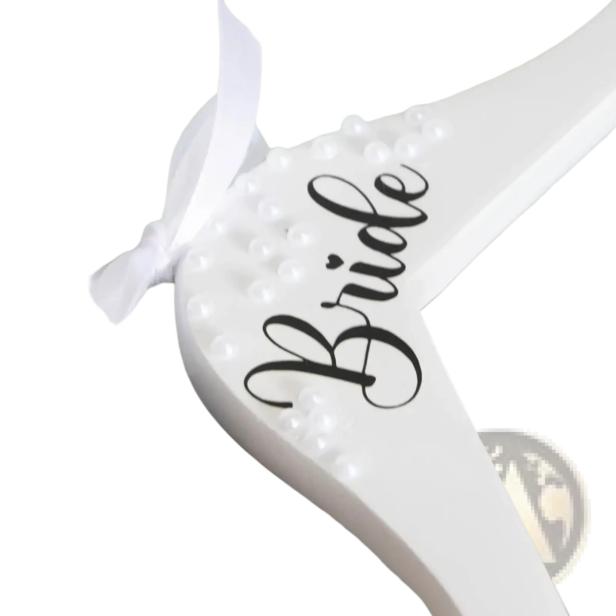 White wooden bride wedding hanger with black cursive lettering, white pearls, and a white ribbon detail