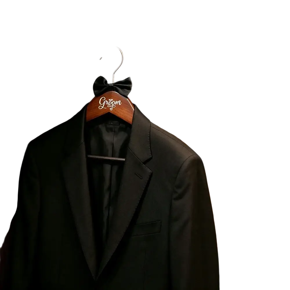 Black tuxedo jacket with black bow tie hanging on a bride and groom pearl wood wedding hanger engraved groom