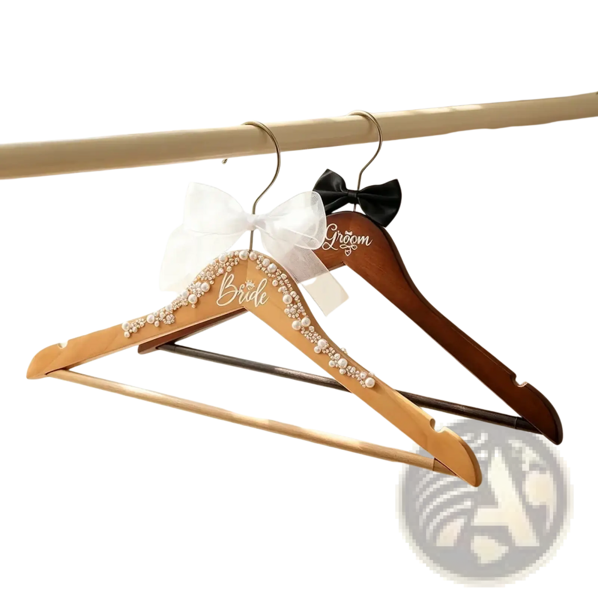 Elegant wooden bride and groom pearl wedding hangers set with white pearl and black bead embellishments and bows