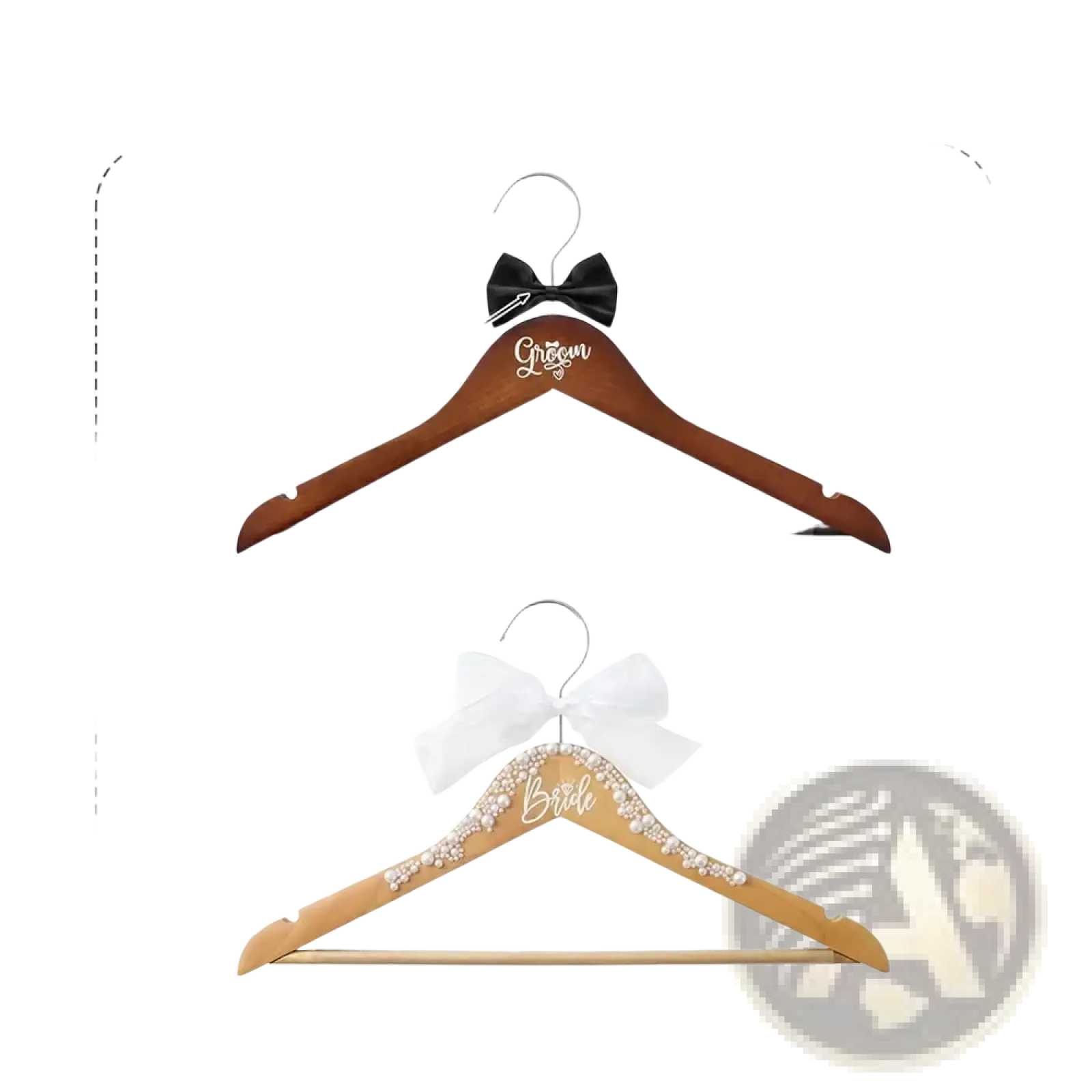 Bride and groom pearl wood wedding hangers set with dark brown wood and engraved silver and gold lettering and bows