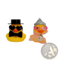 Yellow rubber duck couple dressed as bride and groom with wedding accessories in bride and groom rubber duck set