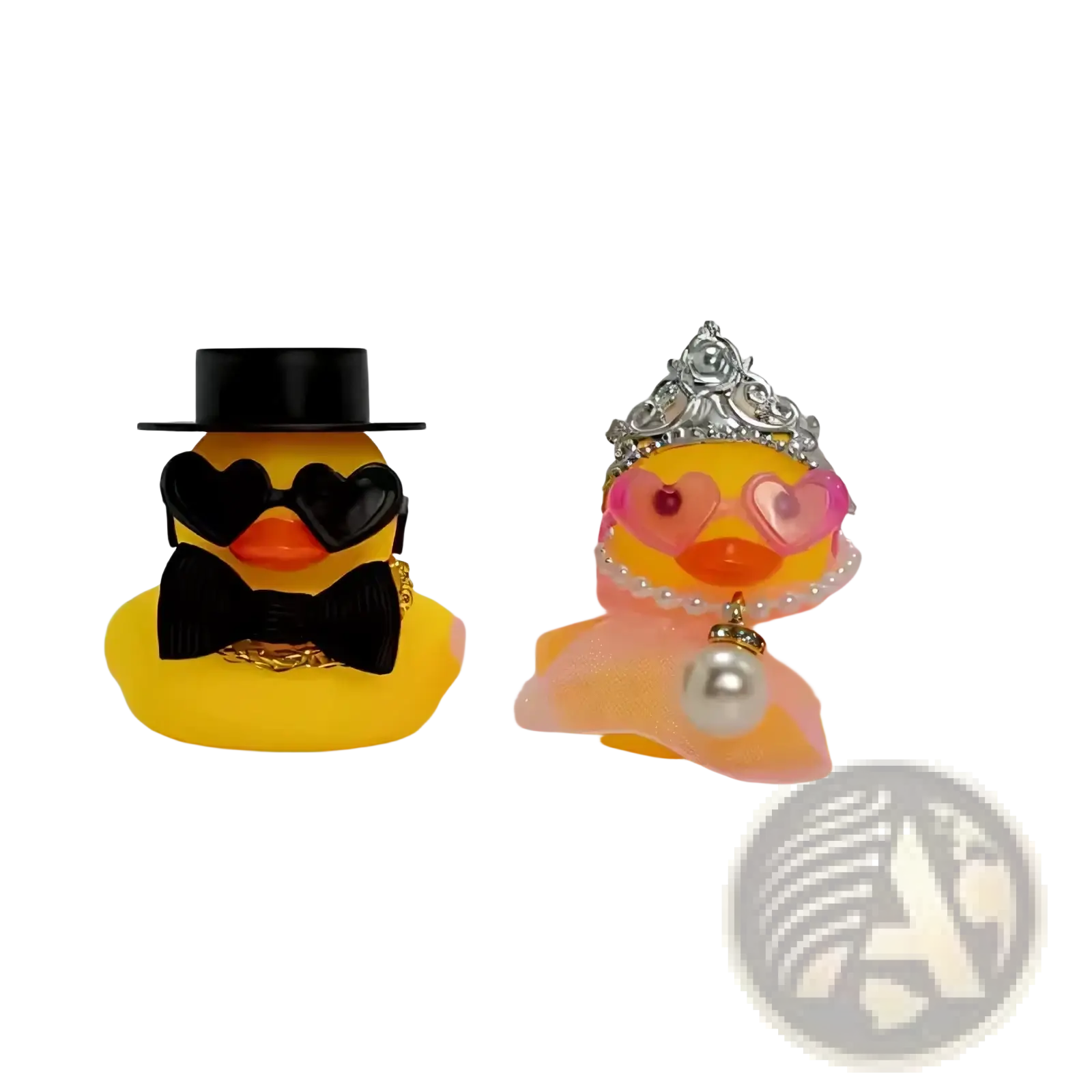 Yellow rubber duck couple dressed as bride and groom with wedding accessories in bride and groom rubber duck set