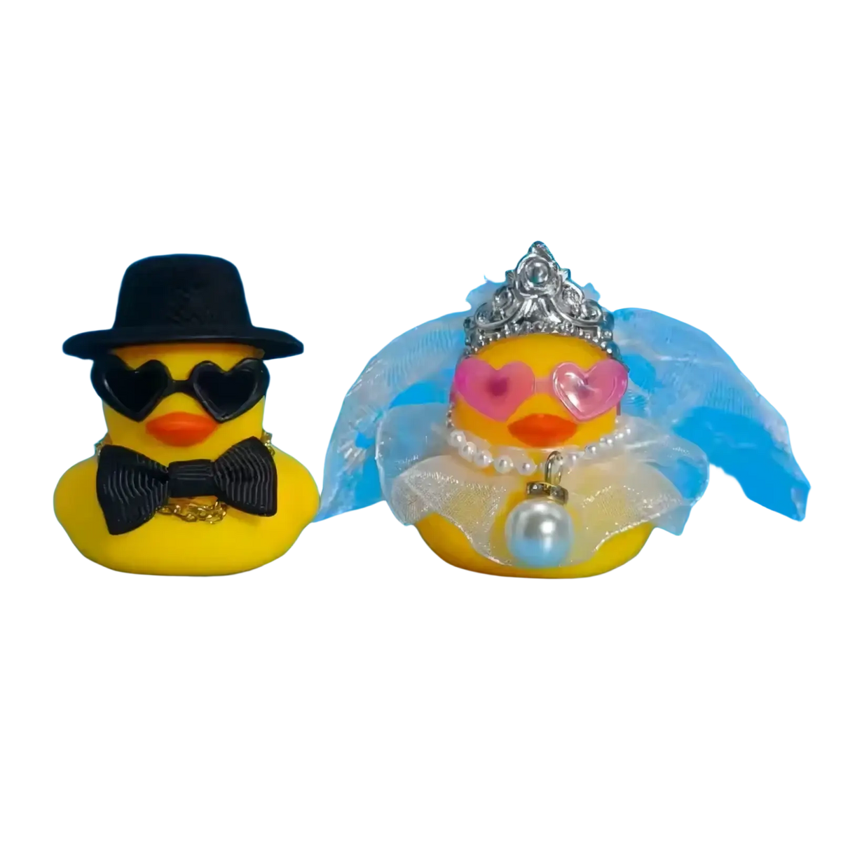 Yellow rubber duck wedding set featuring bride and groom with tiara veil and black hat bow tie accessories