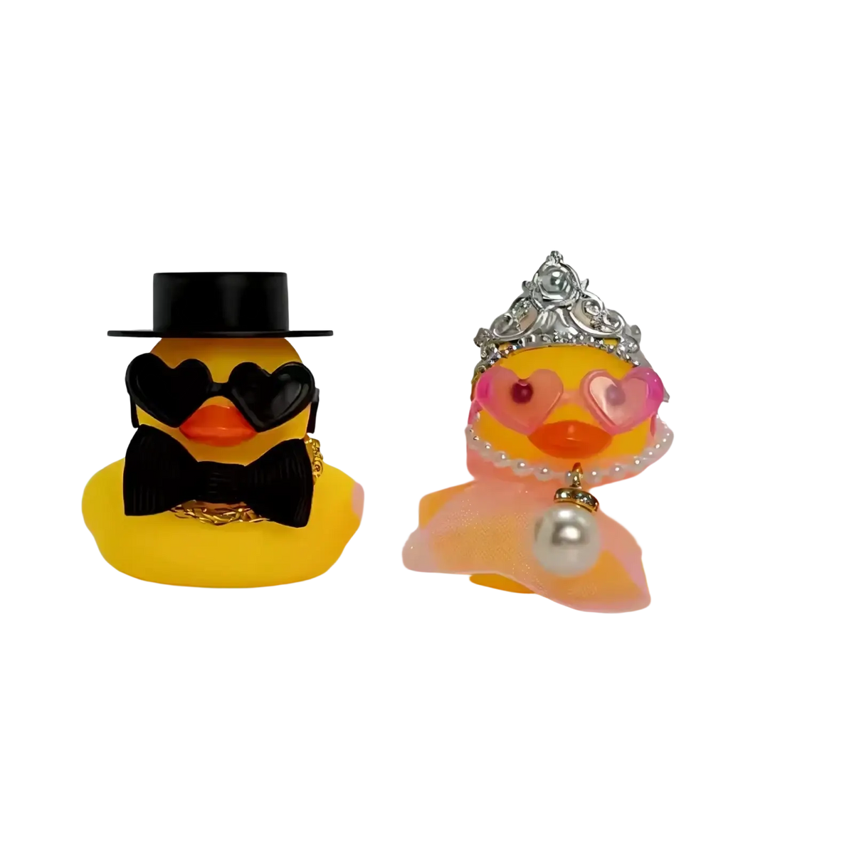 Yellow rubber duck couple dressed as bride and groom with wedding accessories in bride and groom rubber duck set