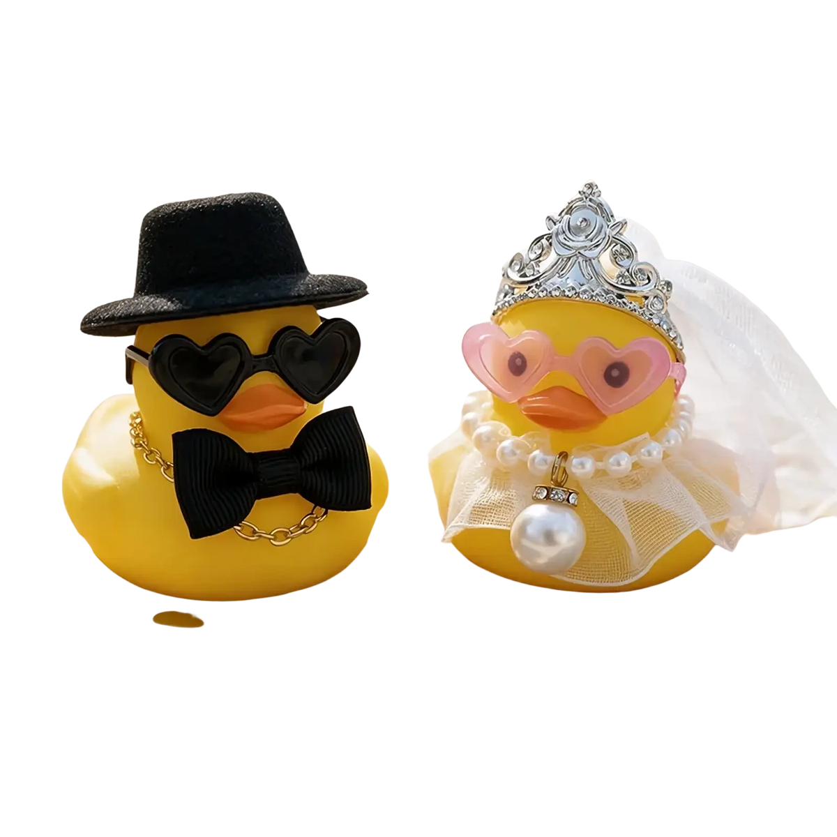 Yellow rubber duck bride and groom wedding set dressed with fedora, tiara, heart-shaped glasses, and pearl accessories
