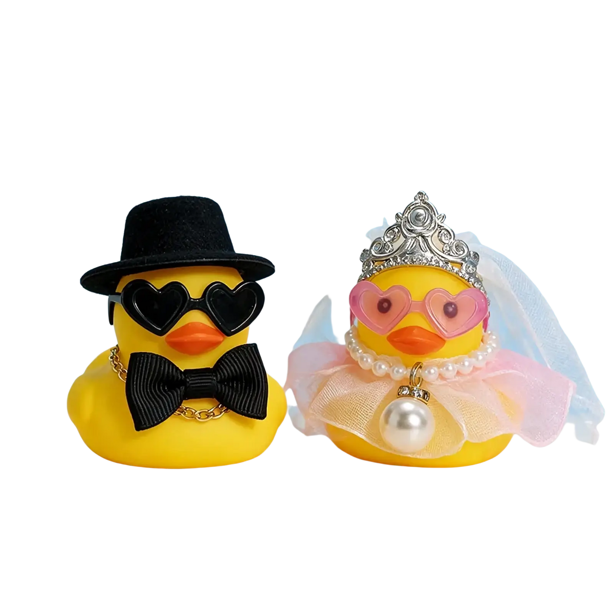 Bride and groom rubber duck wedding set featuring yellow rubber ducks with formal attire and bridal accessories