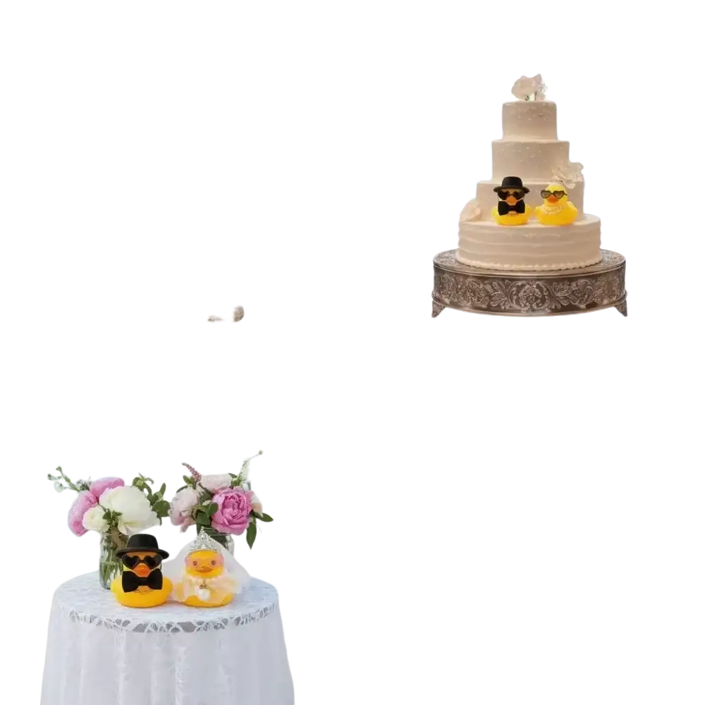 Yellow rubber duck bride and groom wedding set wearing black sunglasses and bow ties as decorative figurines