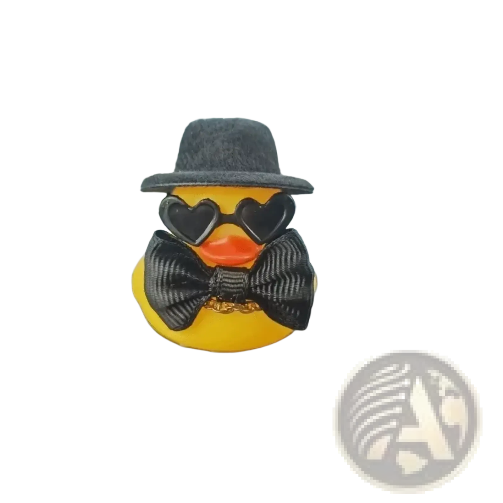 A yellow rubber duck wearing a black fedora heart-shaped sunglasses and a textured black bow tie in a wedding set