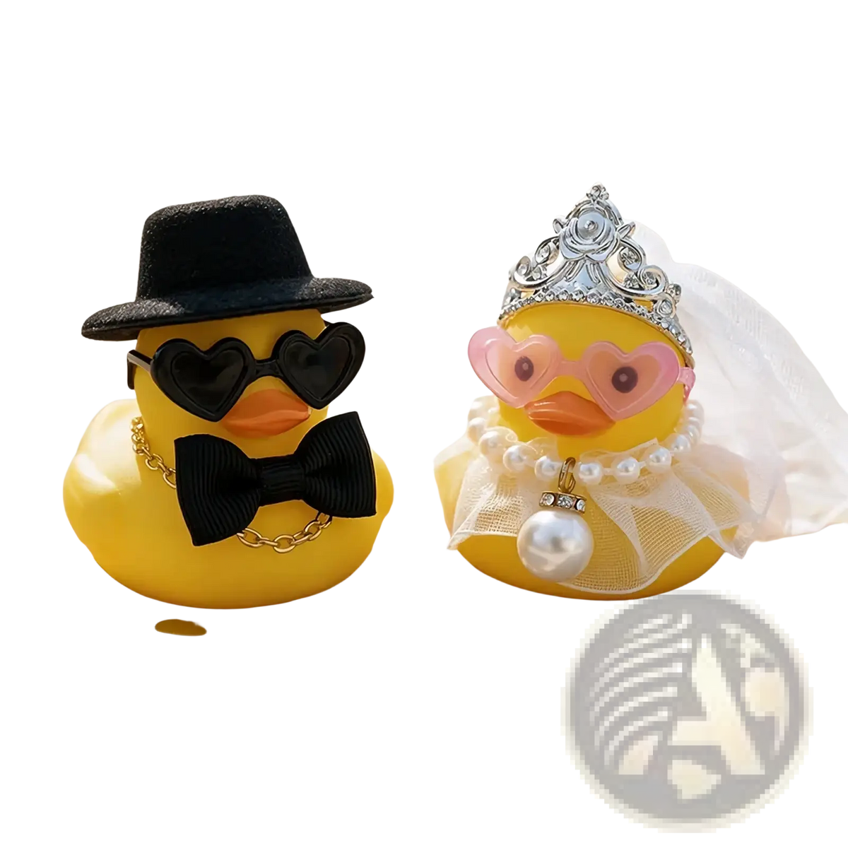 Yellow rubber duck bride and groom wedding set dressed with fedora, tiara, heart-shaped glasses, and pearl accessories
