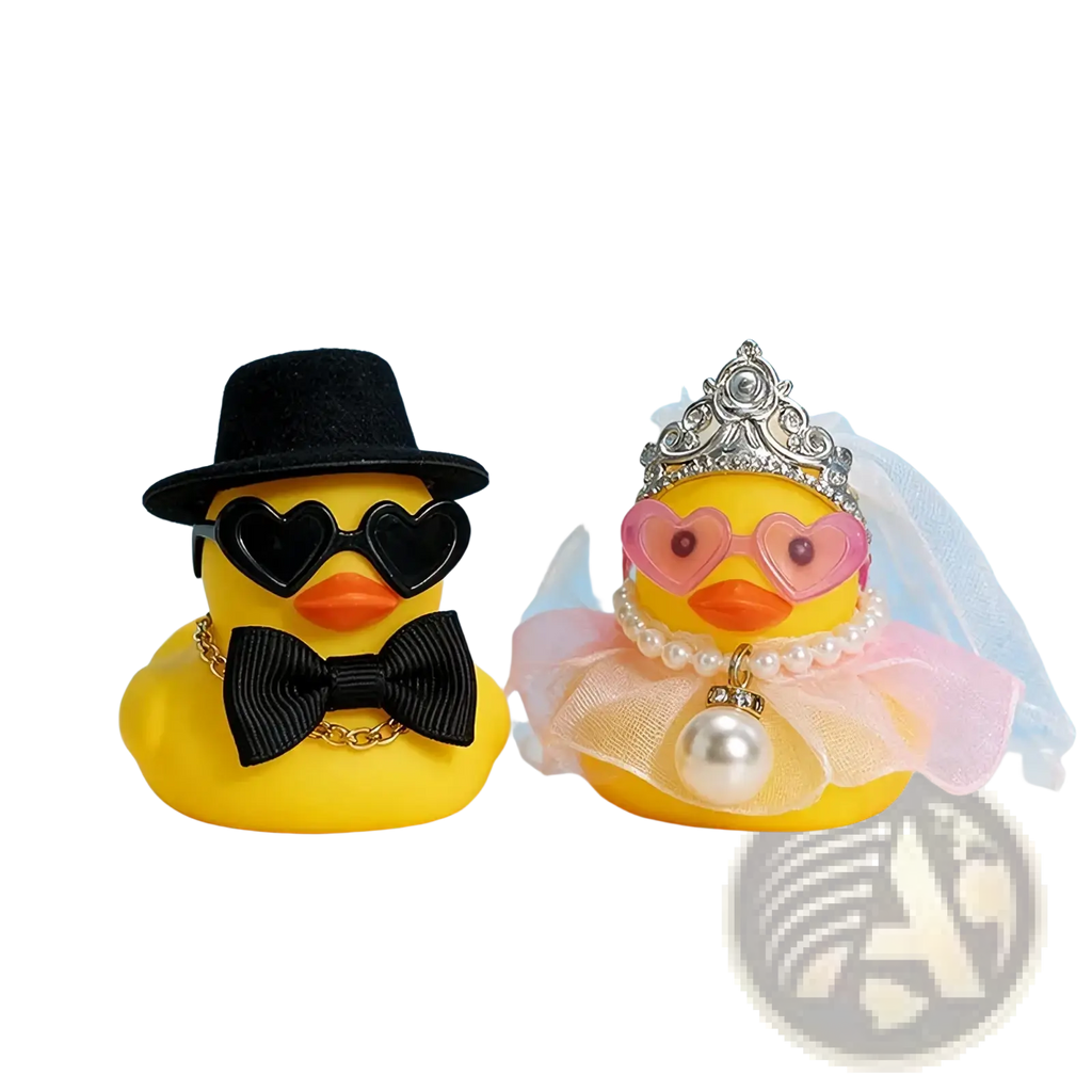 Bride and groom rubber duck wedding set featuring yellow rubber ducks with formal attire and bridal accessories