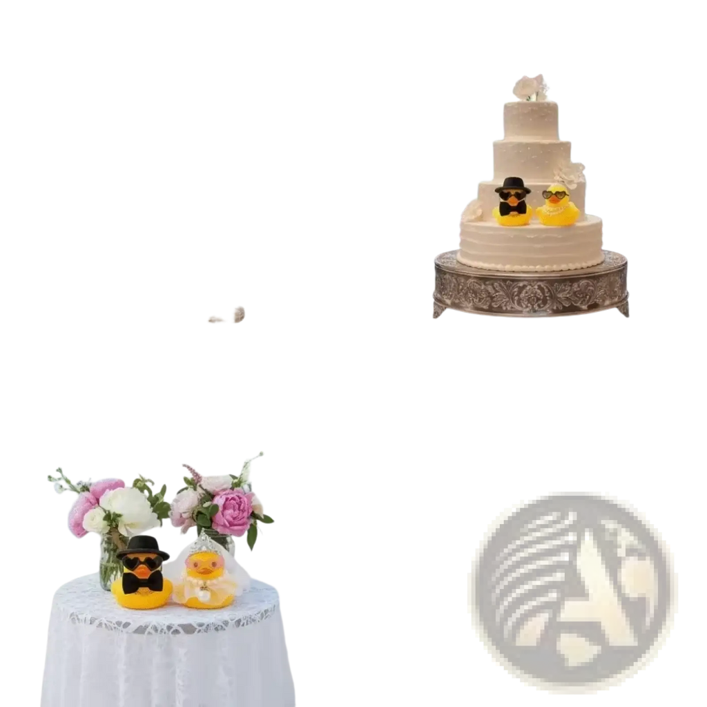 Yellow rubber duck bride and groom wedding set wearing black sunglasses and bow ties as decorative figurines