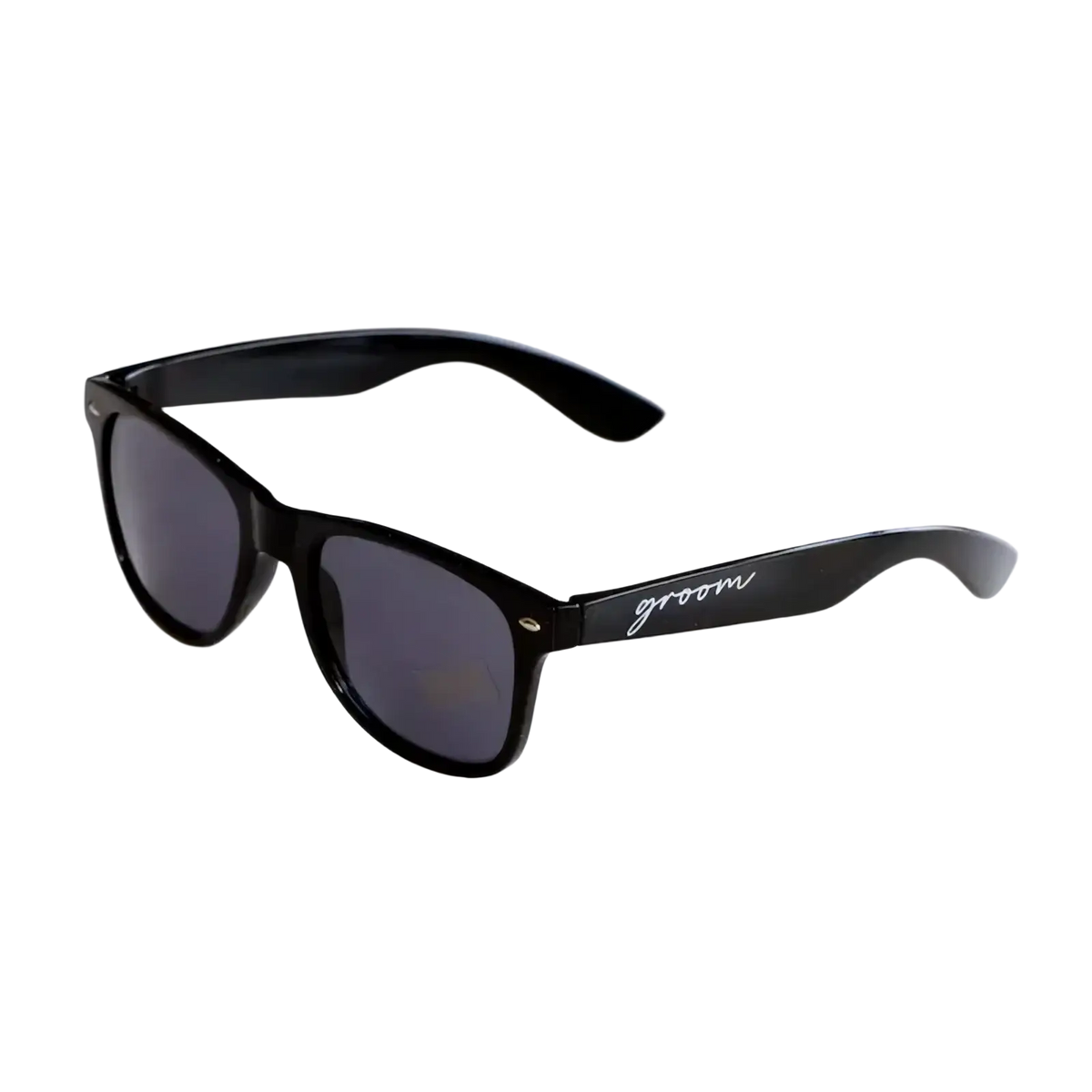 Black sunglasses with dark gray lenses and white groom script on arm designed for bride and groom wedding party eyewear