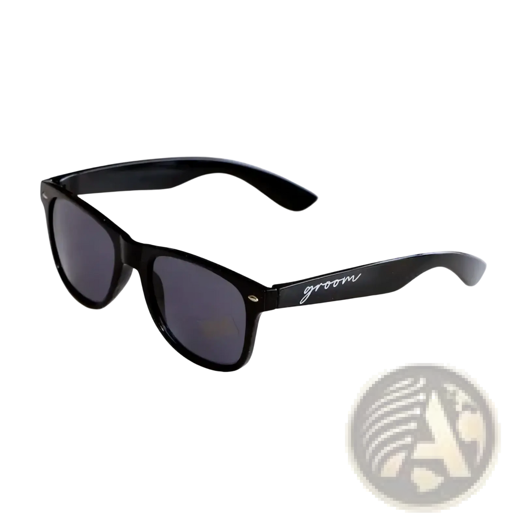 Black sunglasses with dark gray lenses and white groom script on arm designed for bride and groom wedding party eyewear