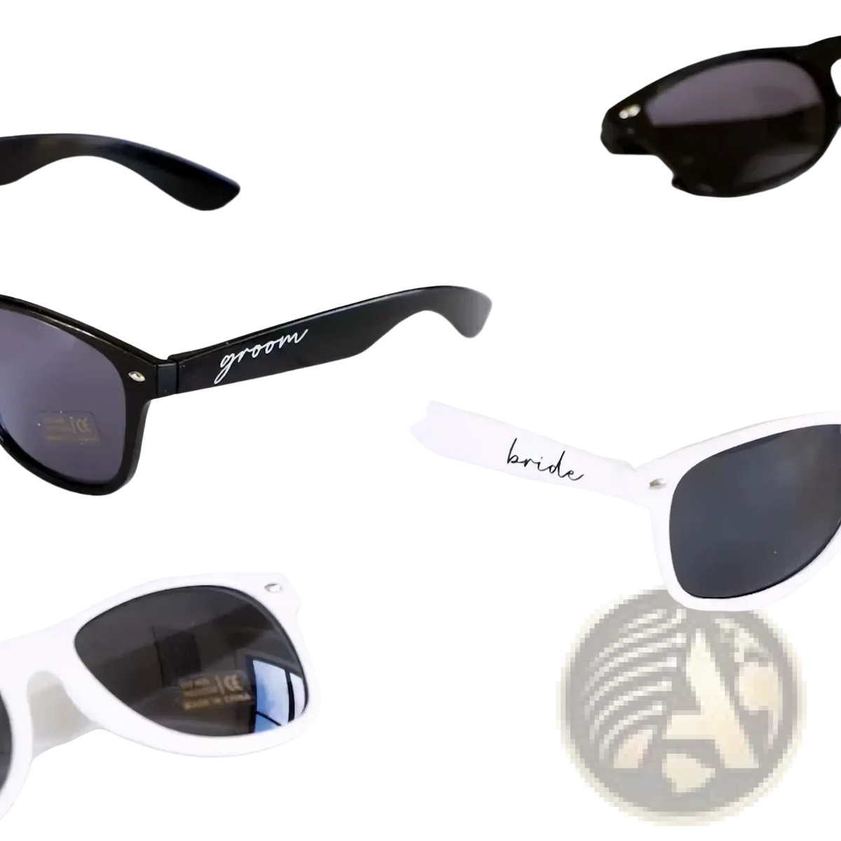 Black and white bride and groom sunglasses with cursive inscriptions on arms for wedding party eyewear
