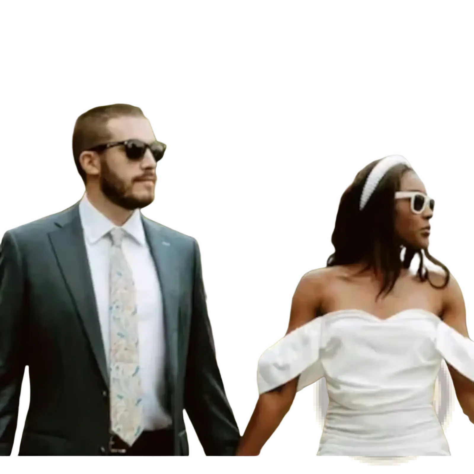 Bride wearing white off-the-shoulder ruched wedding dress with bride and groom sunglasses for wedding party eyewear