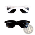 White and black bride and groom sunglasses with cursive script on temples ideal for wedding party eyewear