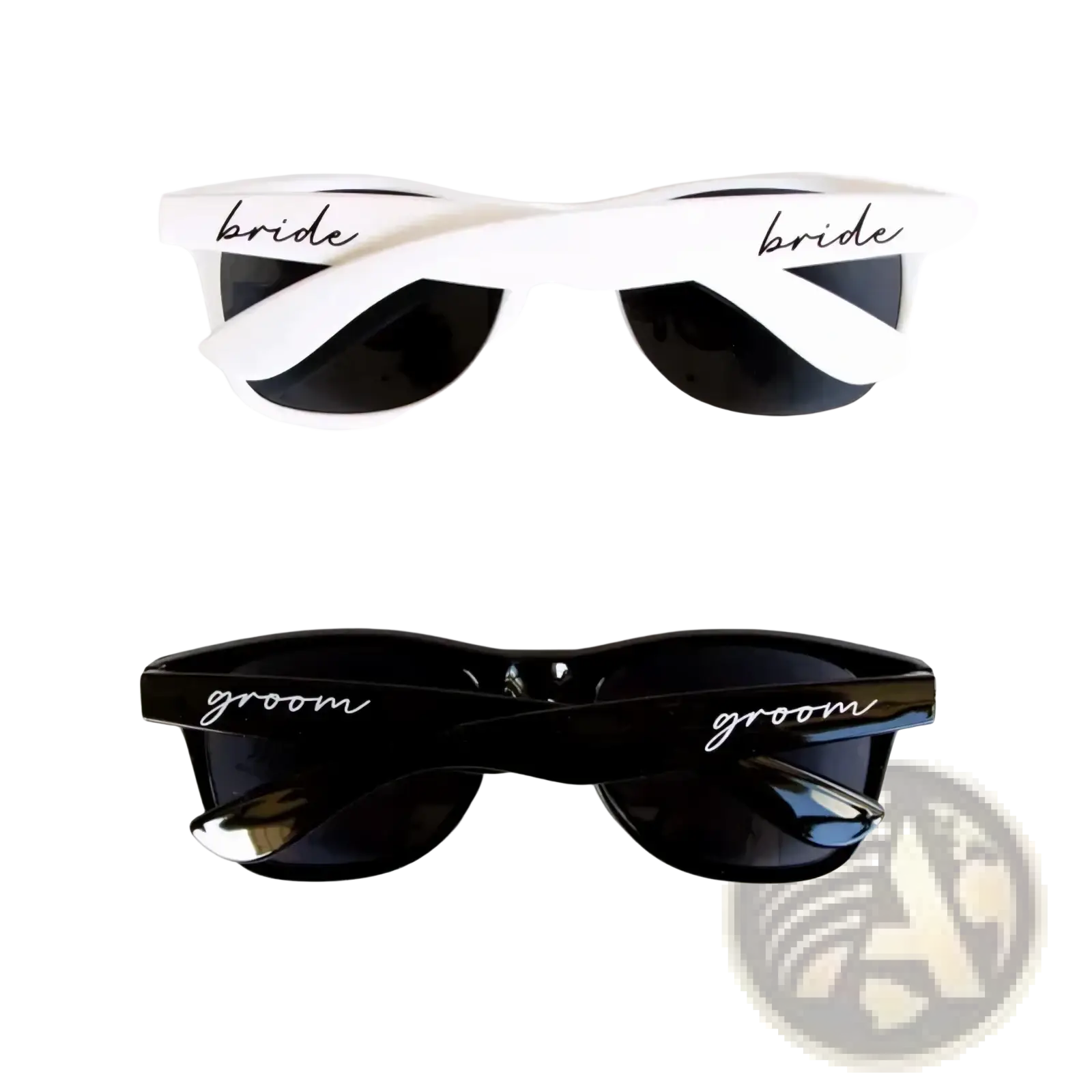 White and black bride and groom sunglasses with cursive script on temples ideal for wedding party eyewear