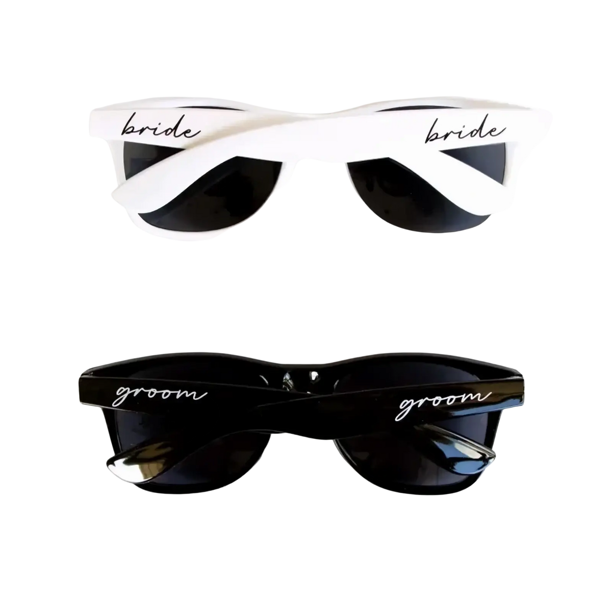 White and black bride and groom sunglasses with cursive script on temples for wedding party eyewear