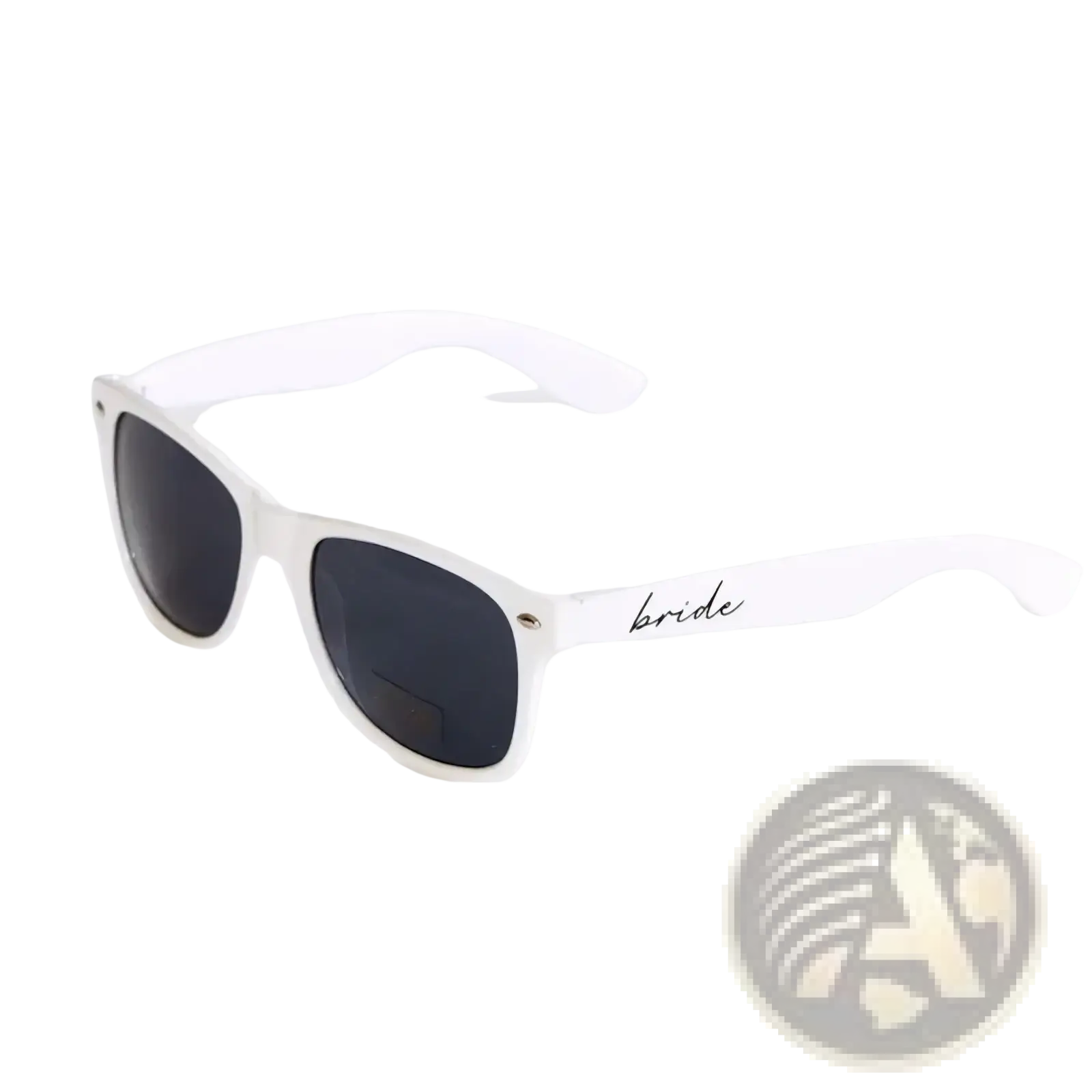 White plastic-framed bride sunglasses with dark lenses and scripted black text on the arm for wedding parties