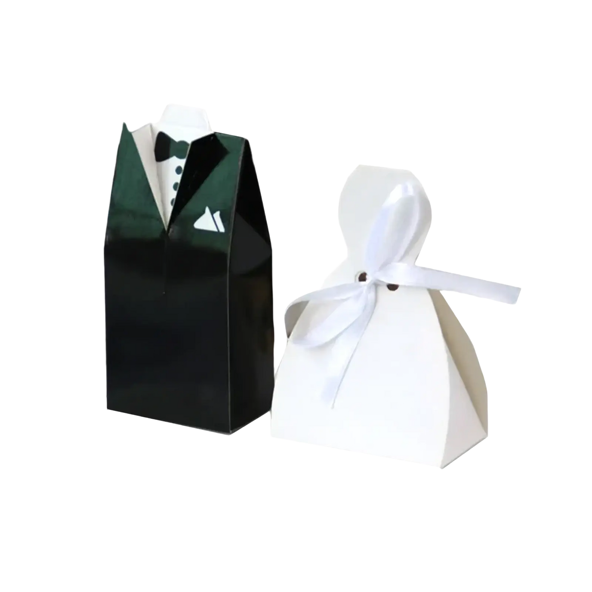 Black and white paper wedding favor candy boxes shaped like a tuxedo and bride dress 30 pcs set