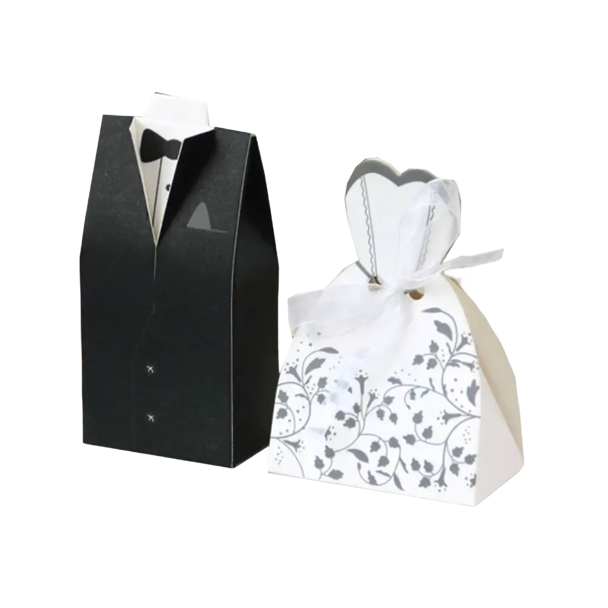 Black and white paper wedding favor candy boxes shaped like a tuxedo and bridal gown 30 pcs set