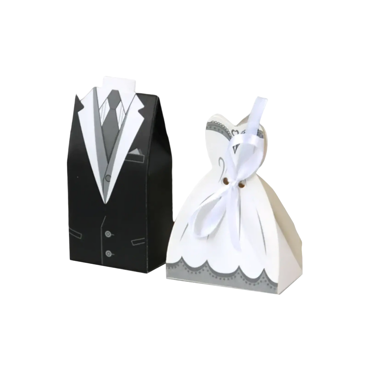 Black and white paper wedding favor candy boxes shaped like bride dress and groom suit 30 pcs set