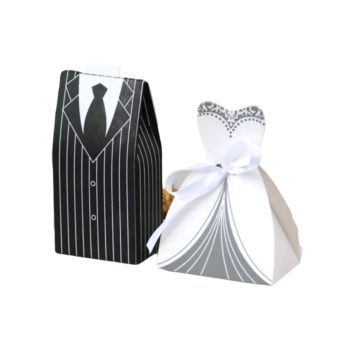 Black and white pinstripe paper wedding favor box shaped like a tuxedo from bride and groom candy boxes set