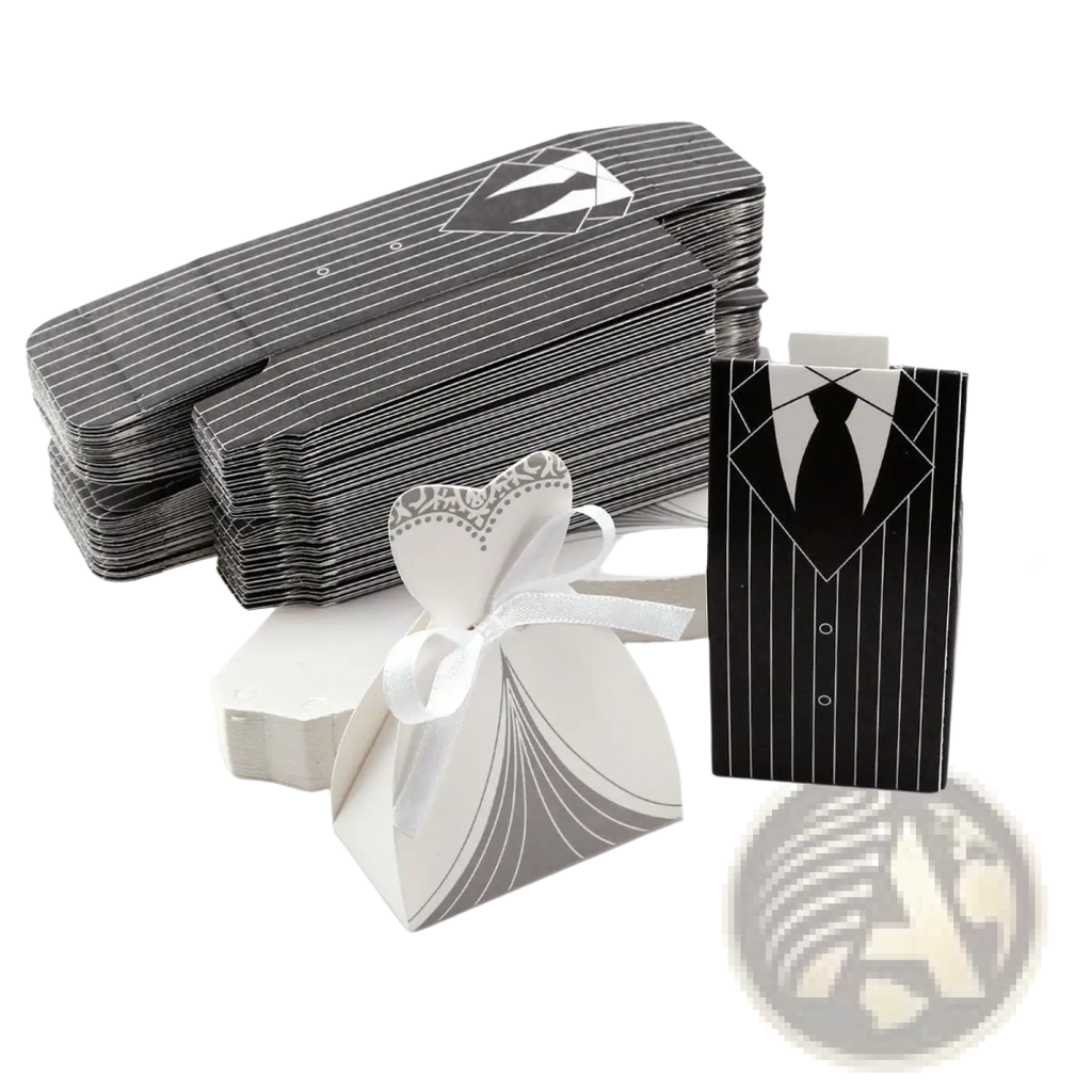 Black and white striped paper bride and groom wedding favor candy boxes designed as formal attire 30 pcs