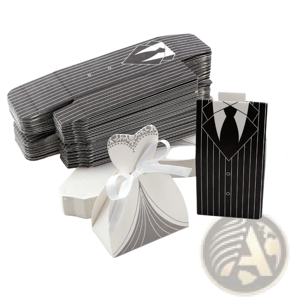 Black and white striped paper bride and groom wedding favor candy boxes designed as formal attire 30 pcs