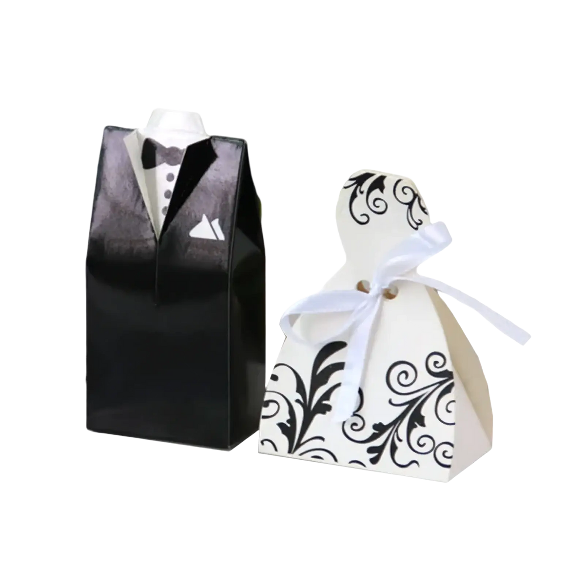 Bride and groom wedding favor candy boxes 30 pcs in black and white shaped like tuxedo and gown gift boxes