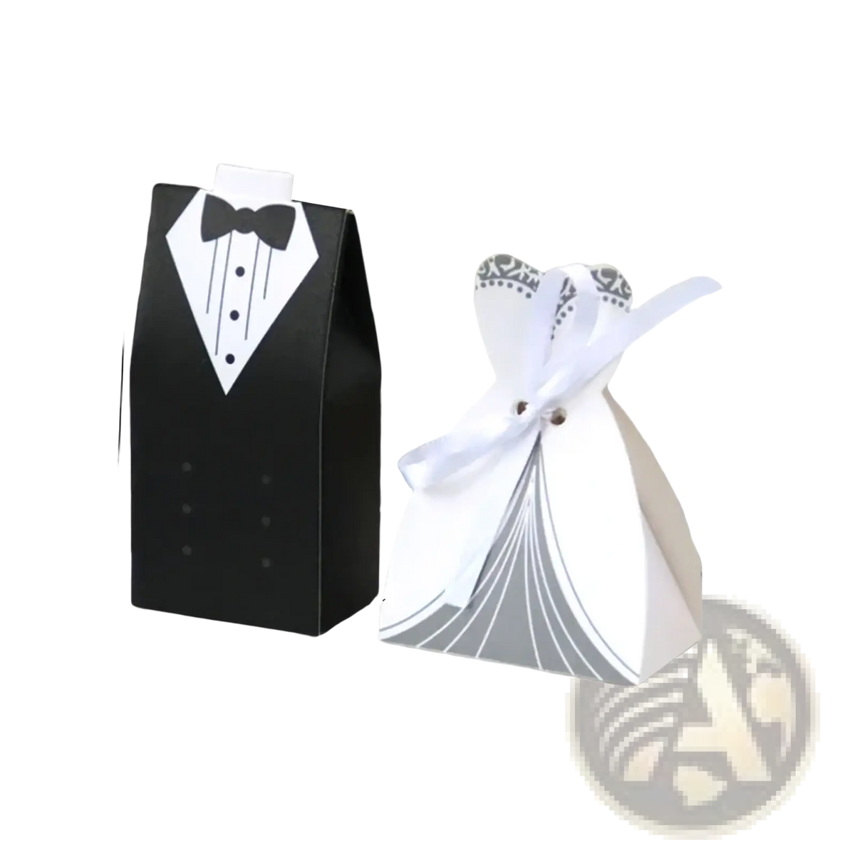 Black and white tuxedo-themed wedding favor candy box with bow tie design for bride and groom 30 pcs set
