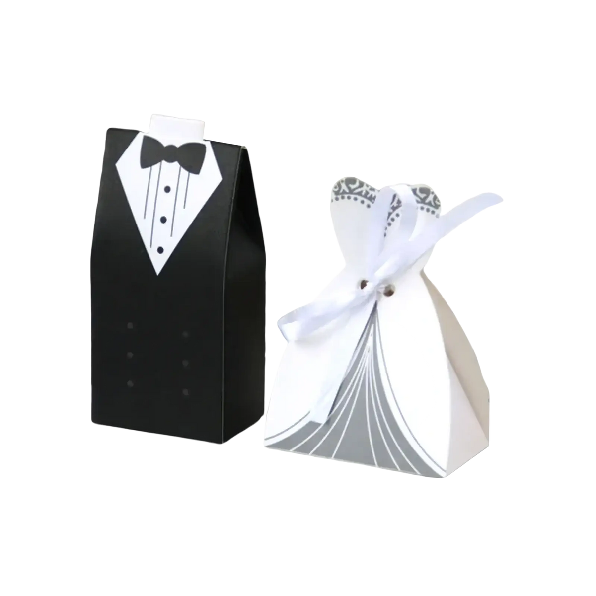 Black and white tuxedo-themed wedding favor candy box with printed bow tie and button details for bride and groom events