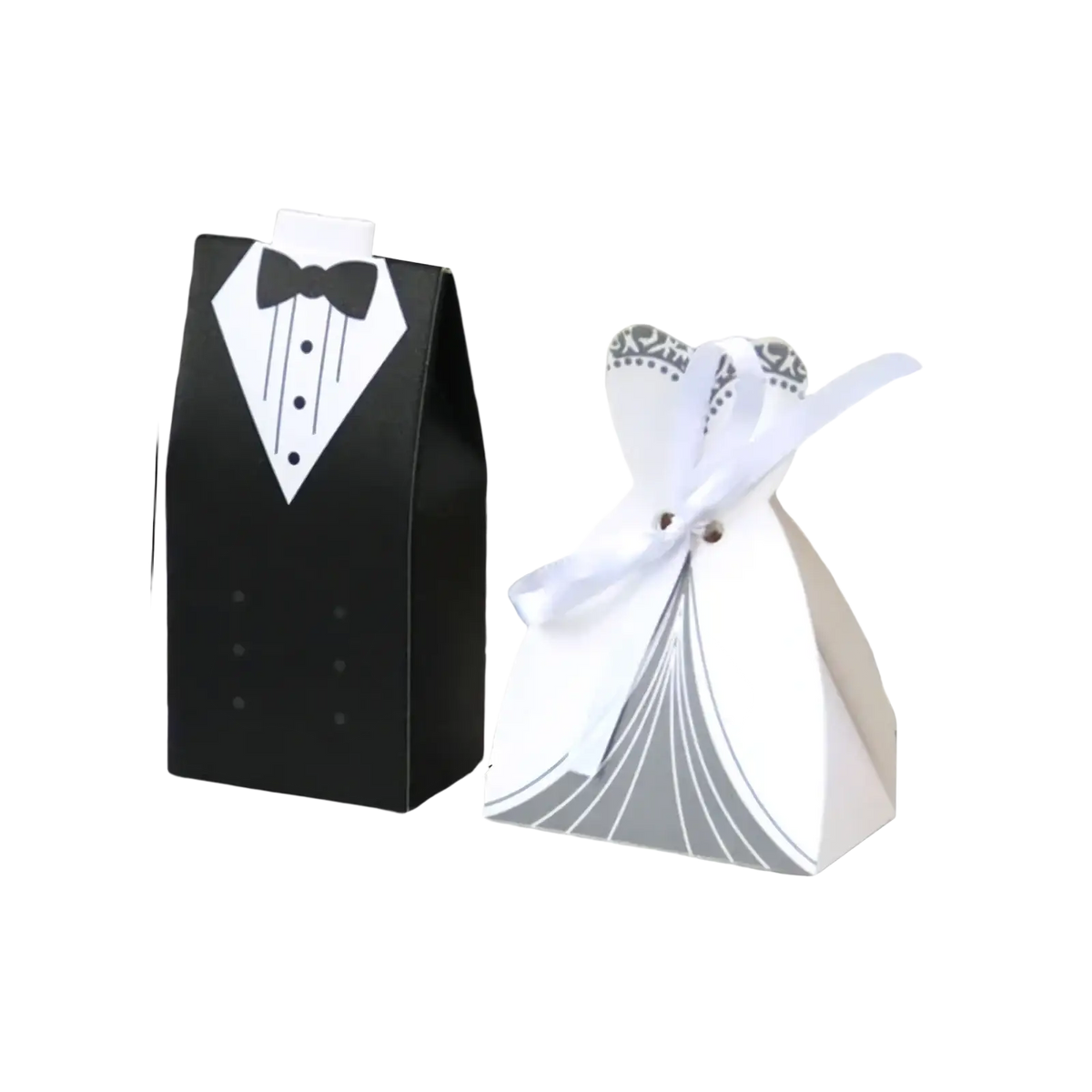 Black and white tuxedo-themed wedding favor candy box with bow tie design for bride and groom 30 pcs set