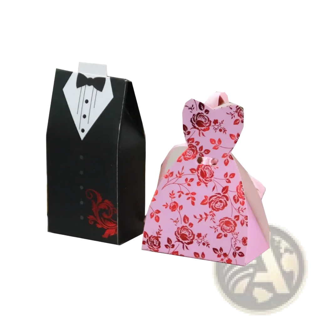 Pink floral dress-shaped gift box with red rose pattern and metallic button in bride and groom wedding favor candy boxes set