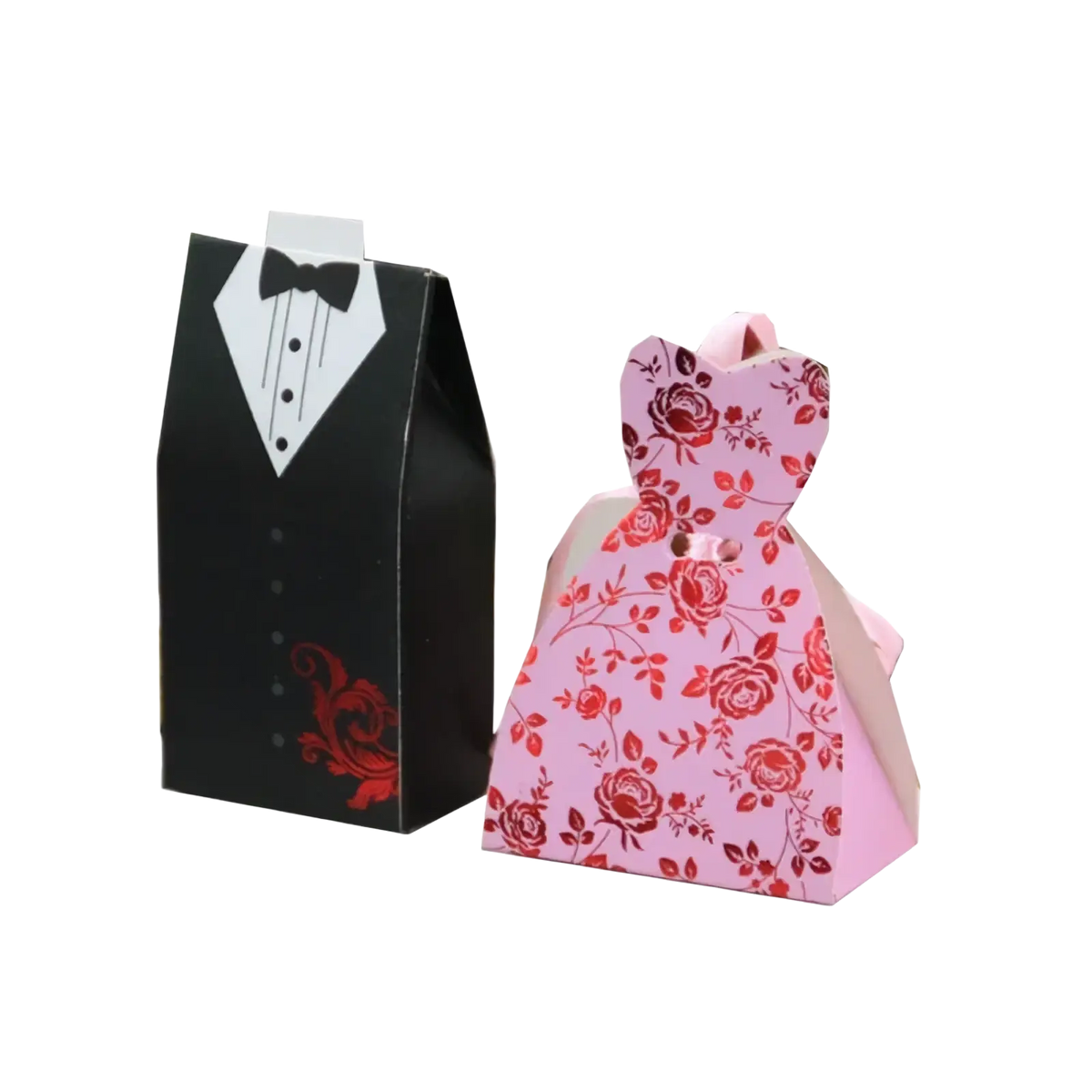 Pink floral dress-shaped bride and groom wedding favor candy box with red rose pattern and metallic button neckline