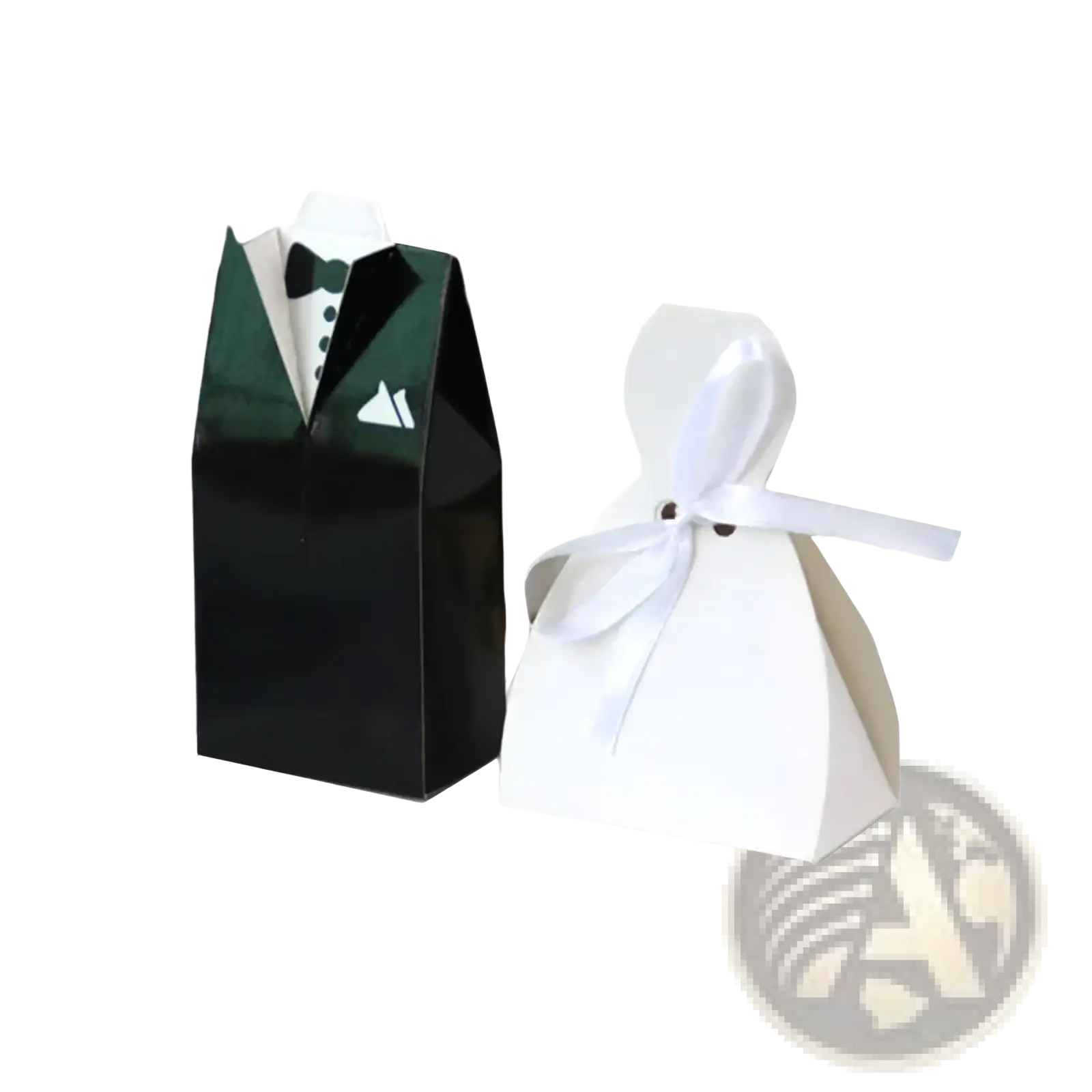 Black and white paper wedding favor candy boxes shaped like a tuxedo and bride dress 30 pcs set