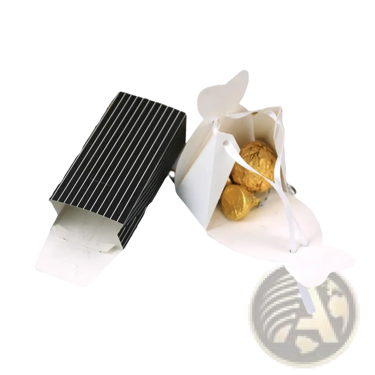 White paper butterfly-shaped wedding favor candy box filled with gold-wrapped chocolates bride and groom 30 pcs