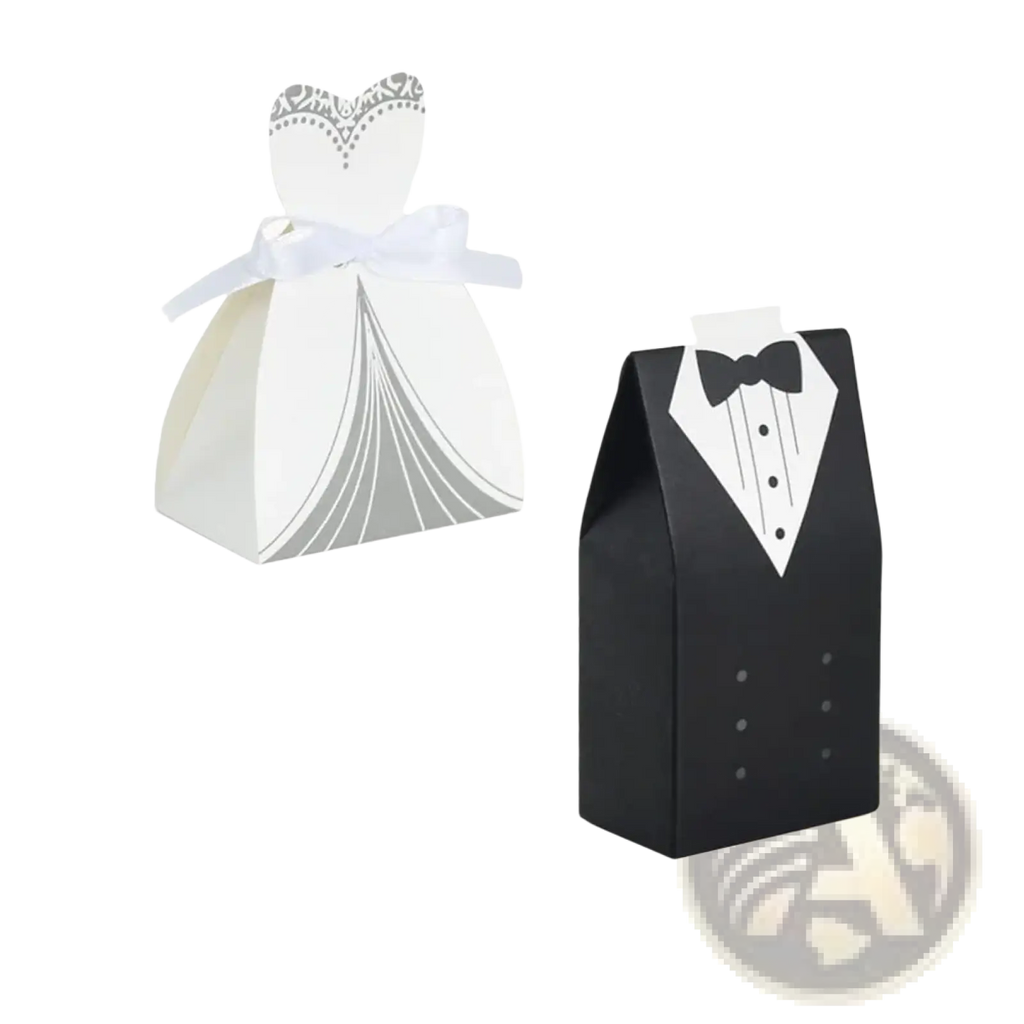 White and silver wedding gown-themed paper gift box with white ribbon bow for bride and groom wedding favor candy boxes 50 pack