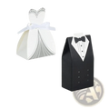 White and silver wedding gown-themed paper gift box with white ribbon bow for bride and groom wedding favor candy boxes 50 pack