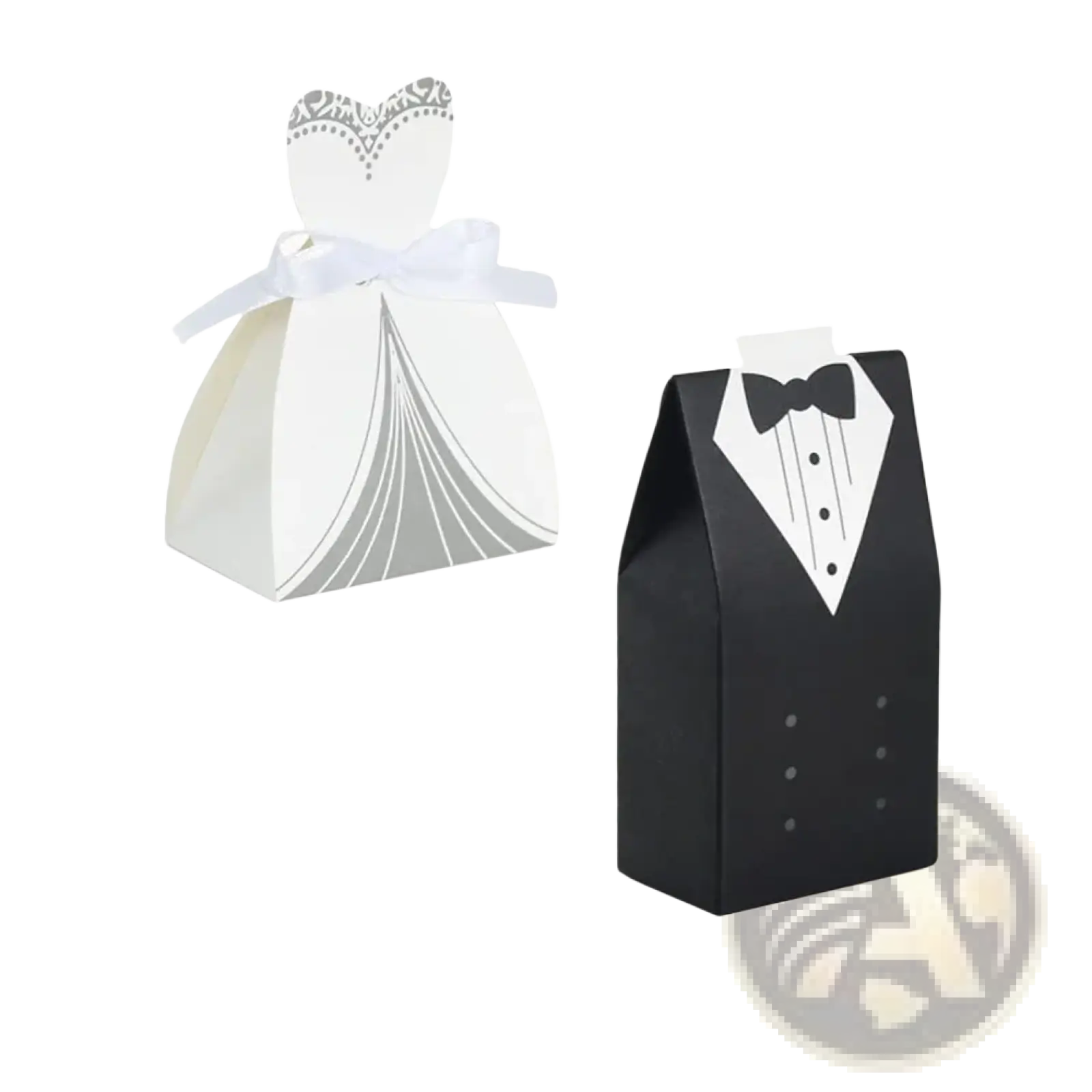 White and silver wedding gown-themed paper gift box with white ribbon bow for bride and groom wedding favor candy boxes 50 pack