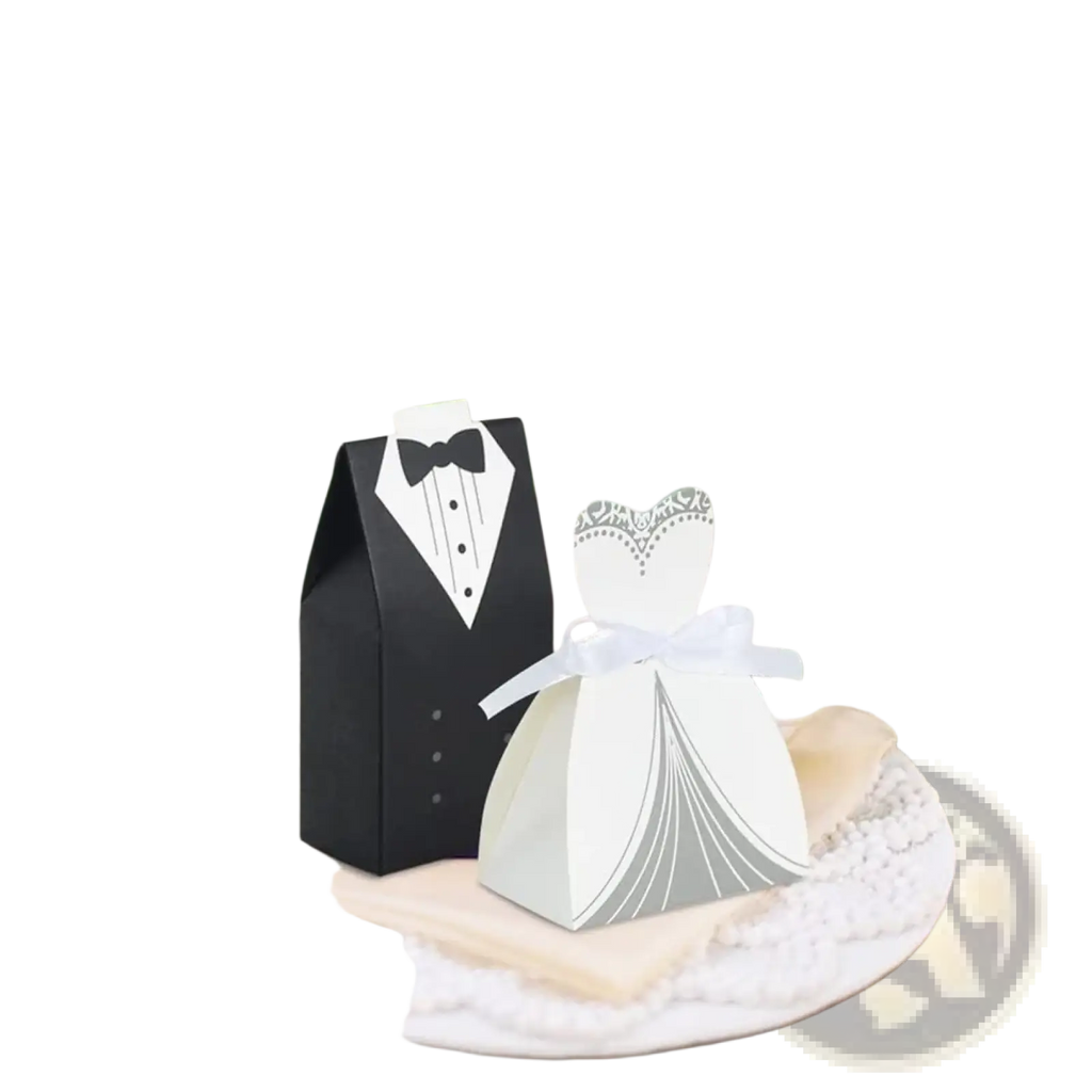 Black and white paper bride and groom wedding favor candy boxes shaped like tuxedo and bride gown 50 pack