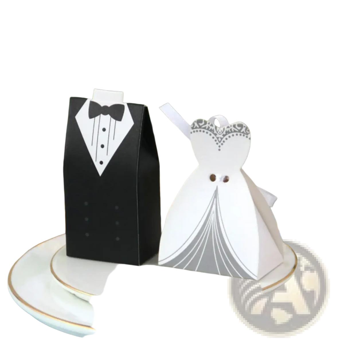 Black and white paper wedding favor candy boxes shaped like tuxedo and gown for bride and groom 50 pack