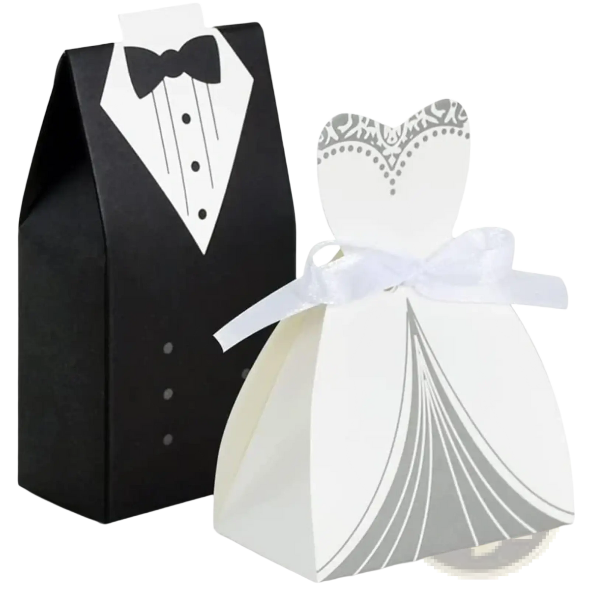 White wedding gown shaped gift box with silver lace detailing and white ribbon bow bride and groom wedding favor candy box