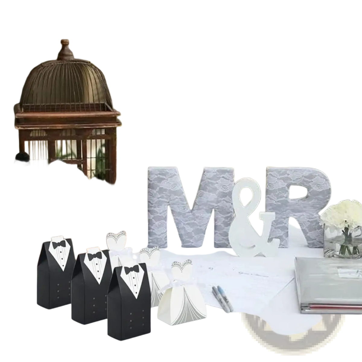 Black tuxedo-themed paper wedding favor candy boxes with white bow ties and silver accents 50 pack for bride and groom