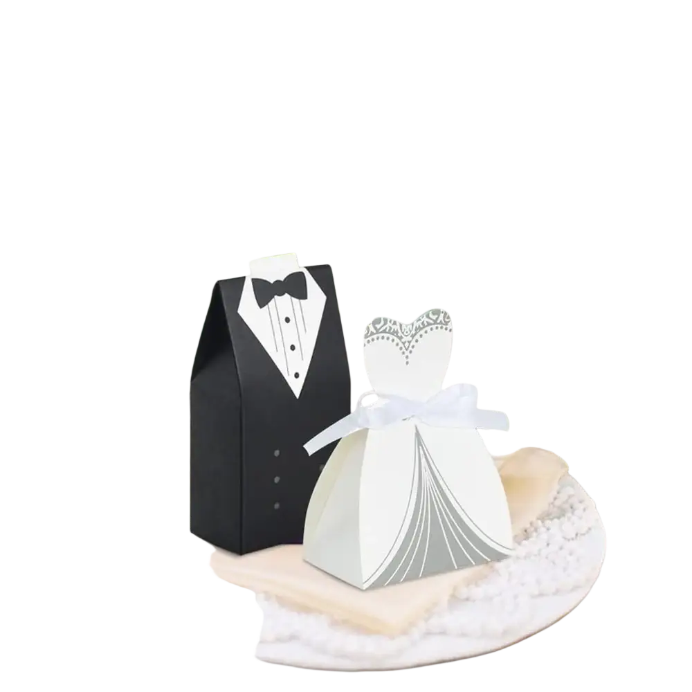 Black and white paper bride and groom wedding favor candy boxes shaped like tuxedo and bride gown 50 pack